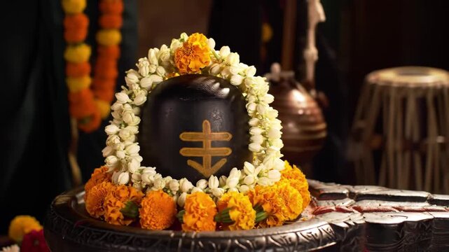 A Sacred Offering Shivling Adorned with Flowers and Ritual Items