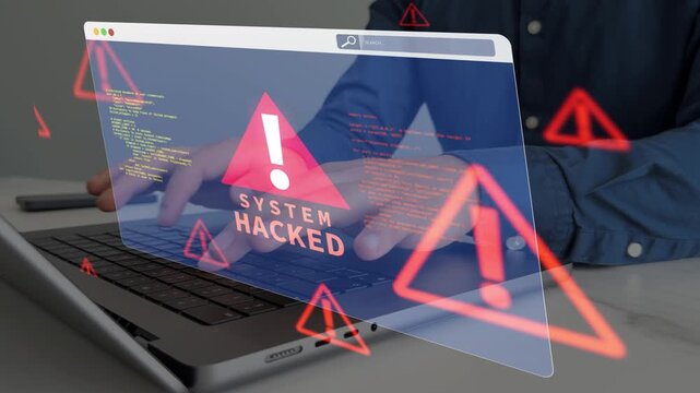 Cybersecurity breach concept with hacked system, malware attack, data theft and digital vulnerability. Abstract visualization of hacker intrusion and cybercrime
