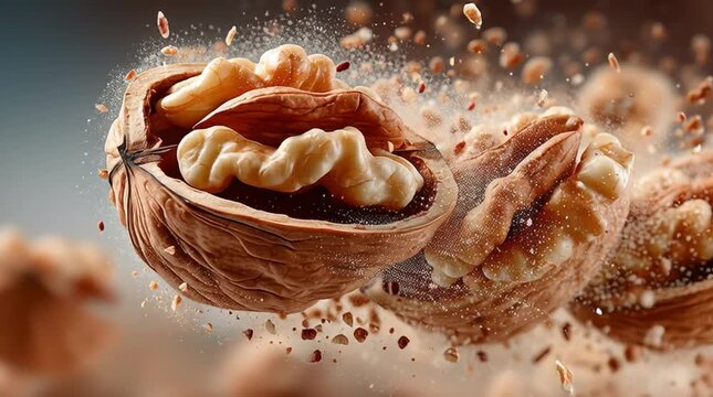 Realistic walnut halves and pieces spinning in mid-air, fine shell fragments and crumbs surrounding, warm brown tones, high detail, isolated on white or transparent background, commercial healthy food