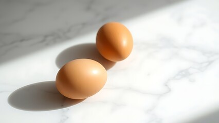 Minimalist composition of brown eggs on white marble surface