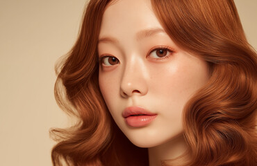 Close-up portrait of a young woman with natural makeup, smooth porcelain skin, soft red wavy hair and freckles, looking directly at the camera with a calm and elegant expression.