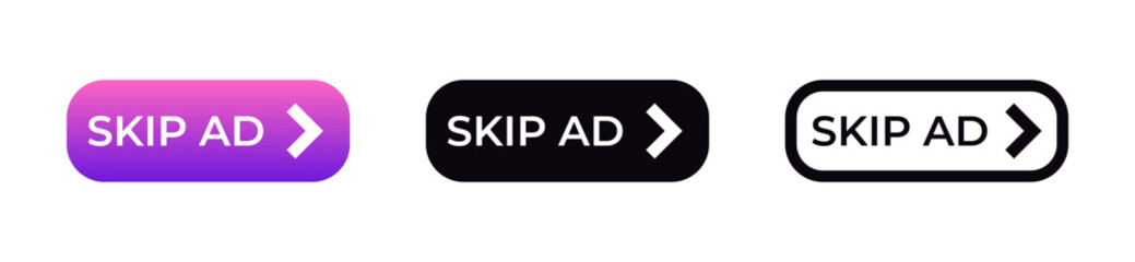 Fototapeta premium A set of three skip ad buttons in different colors, each featuring a clear arrow for navigation.