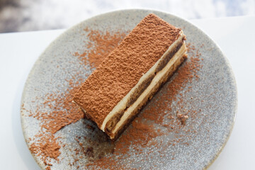 Piece of tasty tiramisu served on plate with special decoration,italian dessert,made of ladyfingers dipped in coffee and layered with cream.