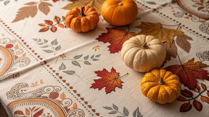 Abstract top down shot of autumn tablecloth patterns with pumpkins