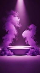 Empty stage with purple smoke and spotlight