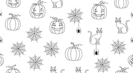 Halloween pattern pumpkins cats spiderwebs spiders spooky october holiday