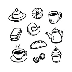 Coffee Shop Doodle Icon Set. Hand-Drawn Vector Illustrations of Cups, Beans, and Pastries
