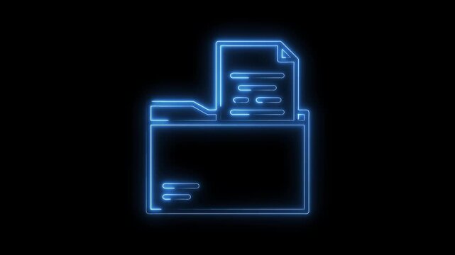 Glowing Blue Neon Folder Document Icon Isolated on Black Background Digital Animation colorful