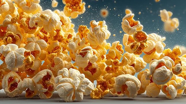 Realistic popcorn kernels exploding in mid-air, fully popped fluffy pieces and small fragments, golden tones, sharp detail, isolated on white or transparent background, commercial snack ad style