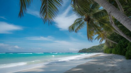 Obraz premium Scenic Tropical Beach With Palms and Sunset Over Sandy Shoreline
