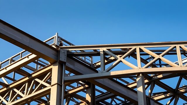 Industrial steel structure with geometric patterns, highlighting construction progress under clear skies.