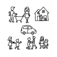 Naklejka premium Family Doodle Icon Set. Hand-Drawn Vector Illustrations for Parenting and Lifestyle