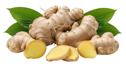 Fresh ginger roots and slices healthy spice ingredient culinary food photography