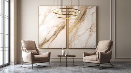 Elegant Modern Lounge with Beige Armchairs and Large Abstract Marble Wall Art
