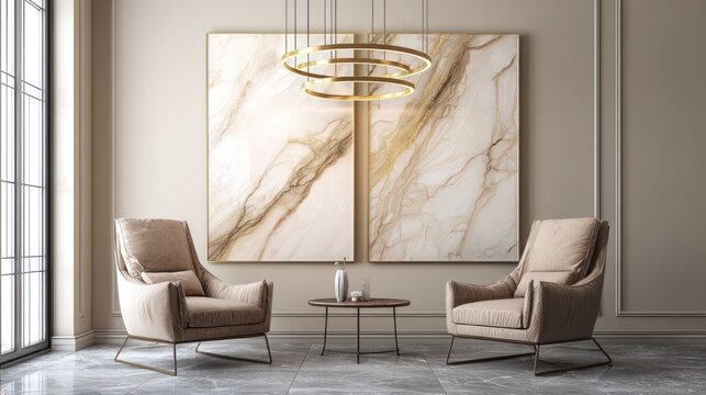 Elegant Modern Lounge with Beige Armchairs and Large Abstract Marble Wall Art