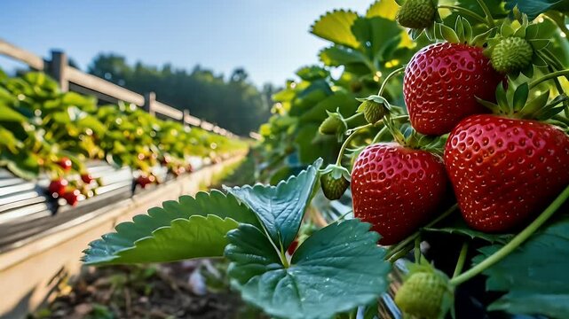 fresh strawberries growing on farm field harvest season