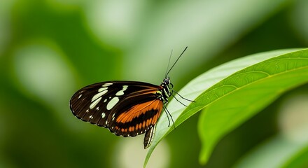 Fototapeta premium Closeup of a colorful butterfly resting on a vibrant green leaf