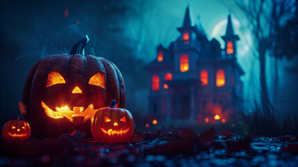 Halloween background with glowing pumpkins and a haunted house at night