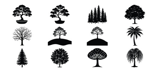 Collection of twelve different tree silhouettes in black and white for design elements