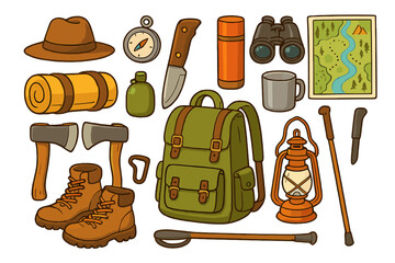 Camping and hiking gear collection. Outdoor adventure equipment set with backpack, map, compass, boots, and lantern. Vector cartoon illustration for tourism and travel.