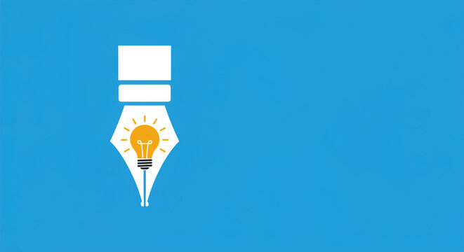 Bright Idea Lightbulb in Pen Nib Blue Background writing creativ