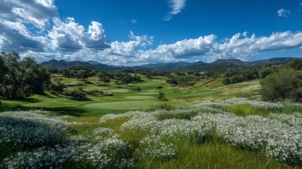 Obraz premium Golf course vistas with wildflower meadows and rolling hills under a blue sky