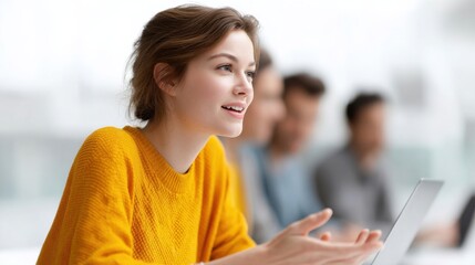 Fototapeta premium A woman in a yellow sweater is smiling and talking to a group of people