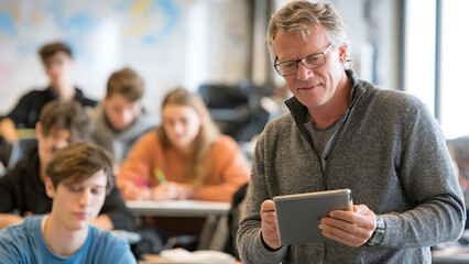 Experienced Male Teacher with Glasses Embracing Digital Learning on a Tablet in a Busy Classroom.