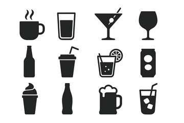 Drink icon silhouette set. Beverage glyphs collection. Symbols for coffee, tea, juice, soda, beer, wine, cocktail. Vector icons for bar, cafe menu, and restaurant design.