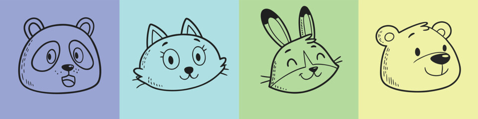 Colorful Animal Face Icons in Hand Drawn Cartoon Style – Panda, Cat, Rabbit, and Bear on Pastel Background – Cute Doodle Illustration for Kids, Nursery, and Children’s Design Projects
