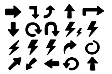 Arrow and lightning bolt symbol collection. Minimalist flat icon set for graphic design. Vector pointers, direction signs, and energy thunder flash shapes for web and UI design.