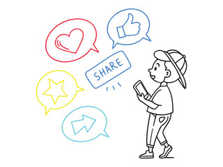 Kid Using Smartphone with Social Media Icons – Share, Like, Comment, Star, Heart Symbols – Digital Communication and Online Interaction Concept for Kids and Technology Illustration
