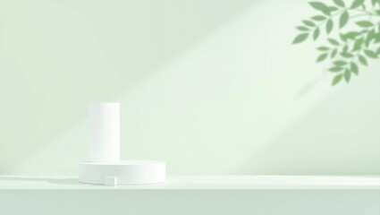 Minimalist product display with soft light and leaf shadows