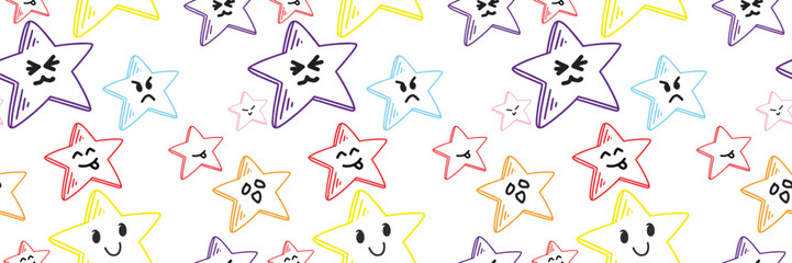 Fototapeta premium Cute colorful star pattern with doodle hand drawn faces in pastel style seamless background design for kids, cartoon decoration, fabric, wallpaper, wrapping and digital art.