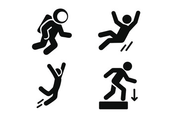 Naklejka premium Gravity solid icons set. Vector glyphs of human interaction with physics forces. Astronaut floating in zero-g, person falling down, jumping man, and stepping down symbol.