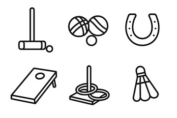 Lawn game vector icon set. Outline collection of summer outdoor activities. Croquet, bocce, horseshoes, cornhole, ring toss, badminton. Recreation and leisure symbols.