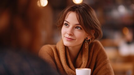 A woman is sitting at a table with a cup of coffee in front of her