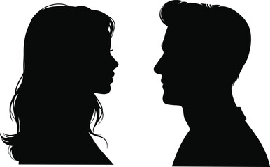 Silhouette of man and woman facing each other, side profile vector, couple relationship concept, black and white portrait design