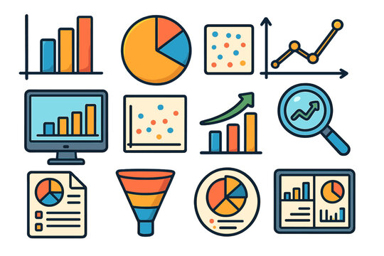 Data visualization icon set. Cartoon vector icons for business analytics, graphs, and financial reports. Infographic elements, charts, dashboard symbols and market analysis.