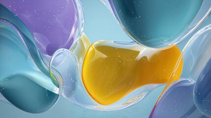 Colorful abstract shapes blend together in a dynamic display of fluid art with a serene blue background