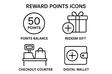 Reward points line icon set. Loyalty program bonus and discount concept. Customer incentive with redeemable gift, points balance, checkout counter and digital wallet vector.