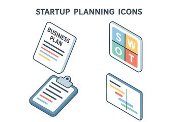 Isometric startup planning icon set for business strategy. Includes business plan document, SWOT analysis matrix, Gantt chart timeline, and project management clipboard. Vector.