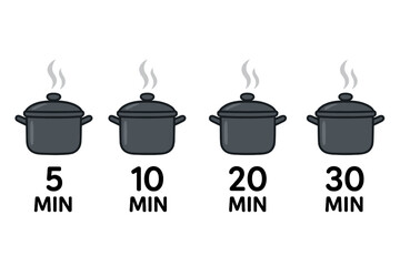 Cooking time guide with pot icons. 5, 10, 20, 30 minutes timer. Meal preparation instruction vector. Boiling time for food package. Recipe info graphic element. Utensil.
