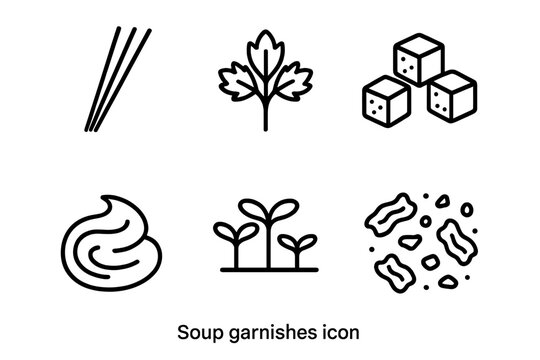 Soup garnish and topping icon set. Outline vector icons of chives, parsley, croutons, cream swirl, microgreens, and crumbled bacon. Food ingredients for cooking and recipes.