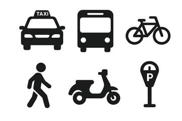 Urban transport icon set. City mobility collection with taxi, bus, bicycle, scooter, pedestrian and parking meter symbols. Solid glyph vector pictograms for web and print.