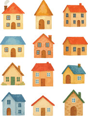 Collection of watercolor painted illustration of cute little houses