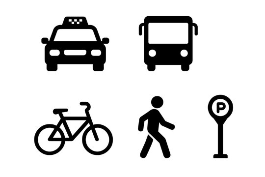 Urban transport icon set. City mobility glyphs collection. Vector symbols for taxi, bus, bicycle, pedestrian crosswalk, and parking. Public transportation and traffic signs.