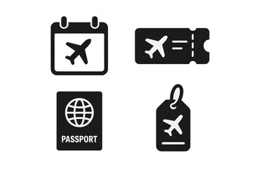 Travel icon set. Solid glyph pictograms for flight booking, vacation planning. Includes airplane ticket, passport, travel calendar and luggage tag symbols. Air journey vector.