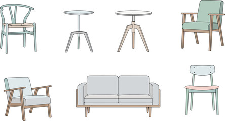 Modern minimalist chairs and tables set, Scandinavian style furniture, pastel wooden armchairs, cozy sofa design, interior decor collection