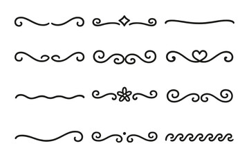 Set of decorative calligraphic elements. Hand drawn line dividers and borders. Vintage flourishes, swirls, and scrolls for page decoration. Vector graphic ornaments collection.